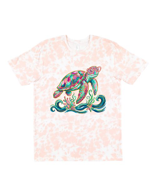 T-shirt with a colorful turtle design on a pink and white tie-dye background