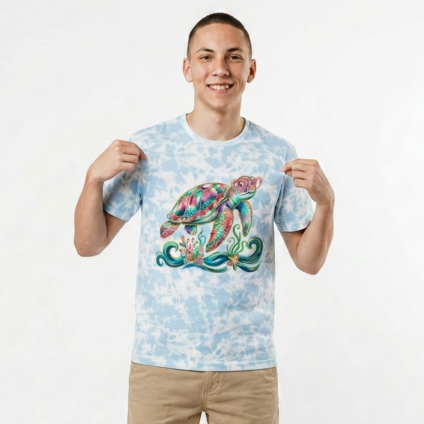 Man wearing a light blue t-shirt with a turtle design on a white background