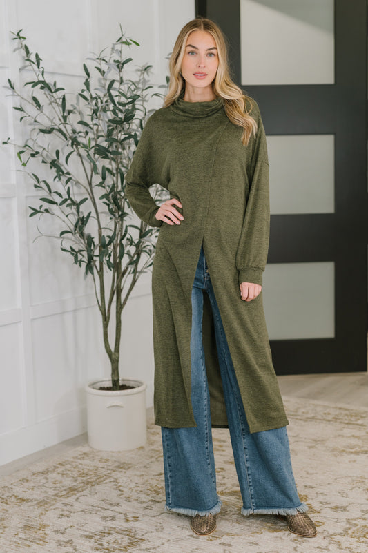Travel City Scape Turtle Neck Tunic in Olive, knit