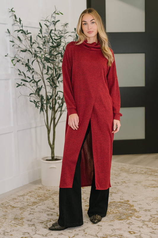 Travel City Scape Turtle Neck Tunic in Wine, knit
