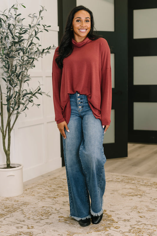 Travel Destination Cowl Neck Pullover in Wine – alternate view 2