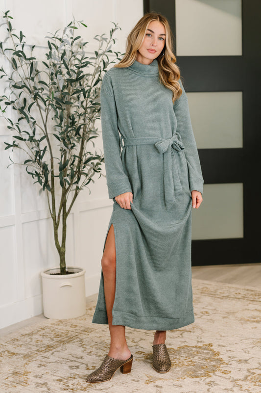 Travel Plush Knit Dress in Soft Teal, waffle knit