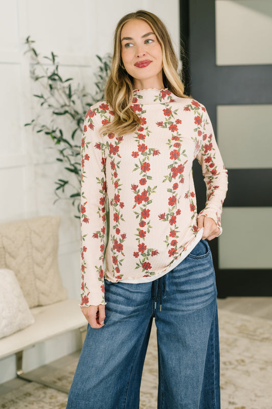Under My Impression High Neck Floral Top in ribbed knit