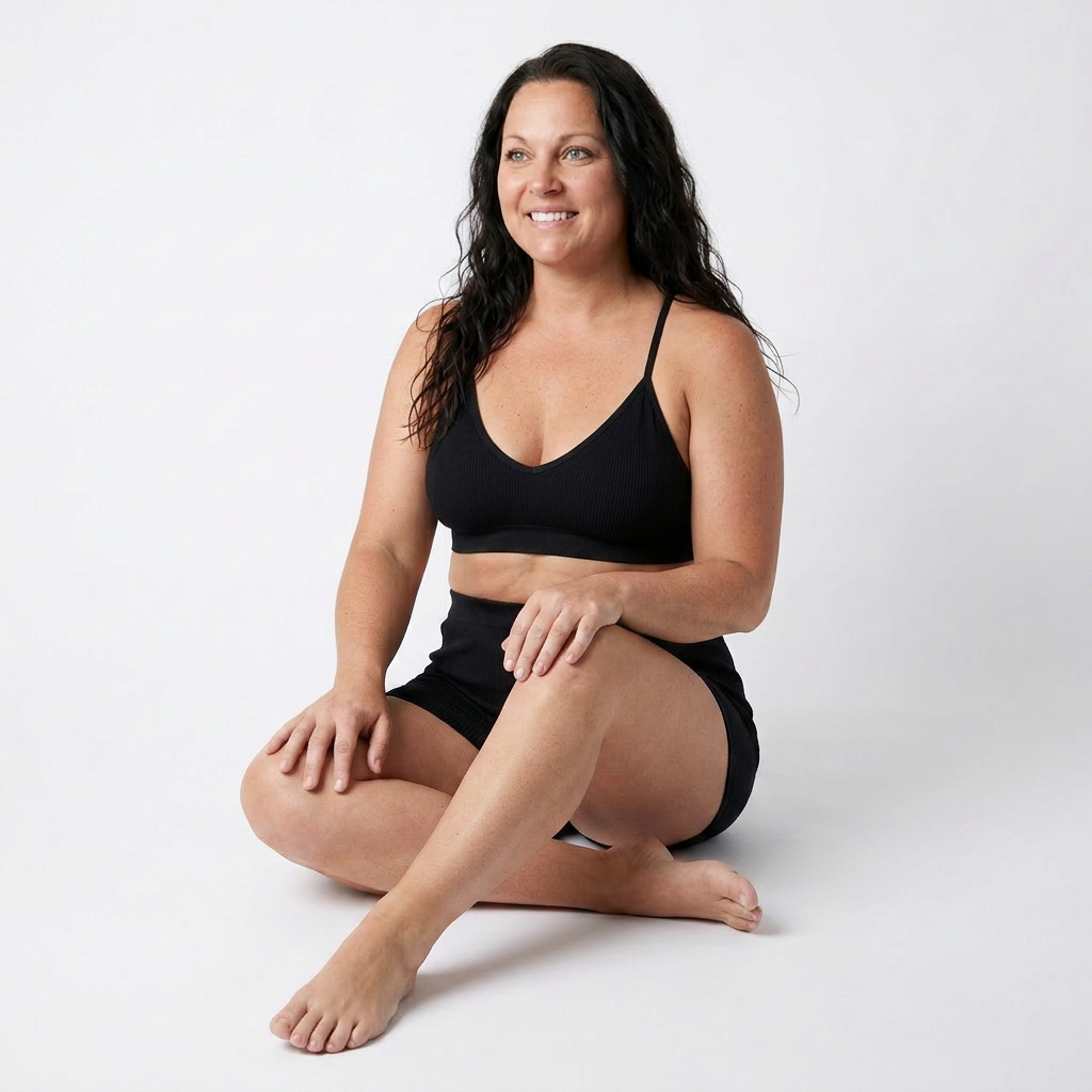 Woman wearing a black sports bra and shorts sitting on a white background