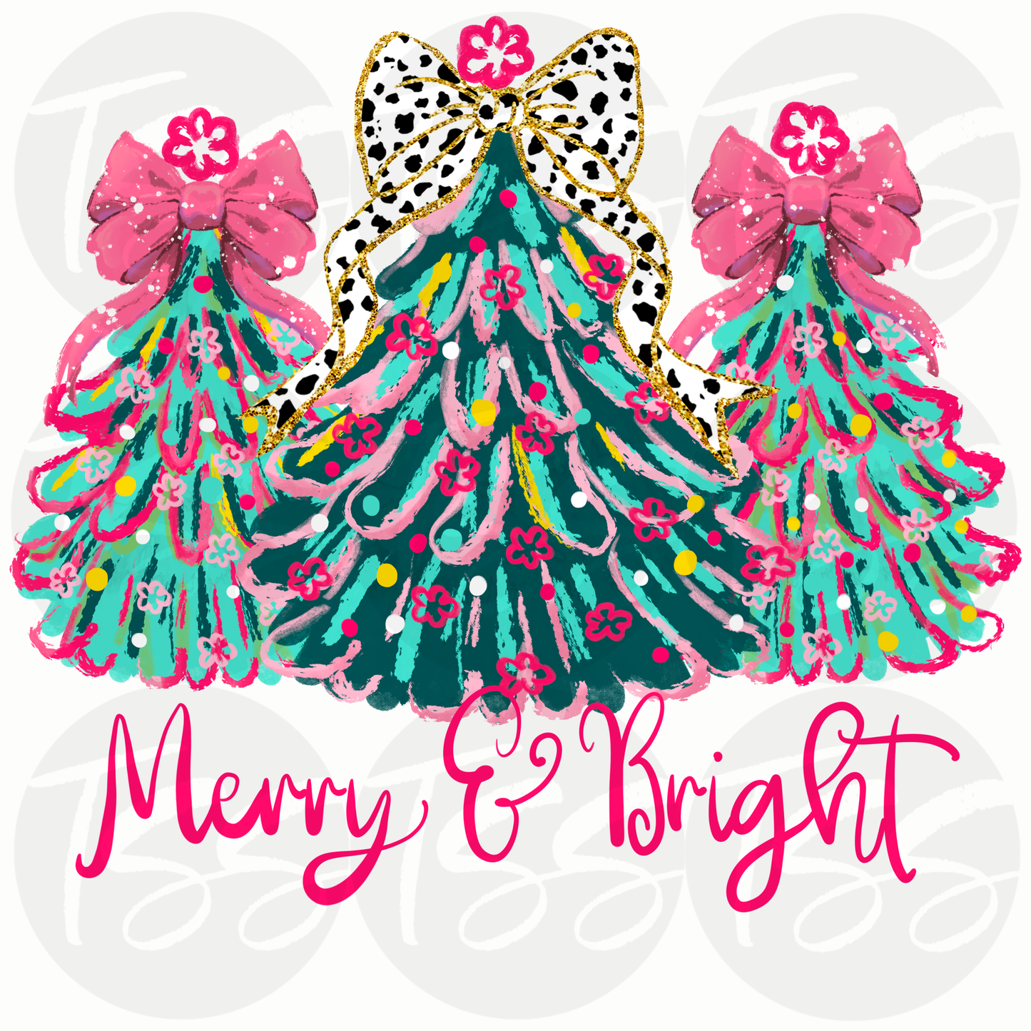 Merry & Bright Trees Full Color Ready For Press DTF Print Transfer, Direct To Film