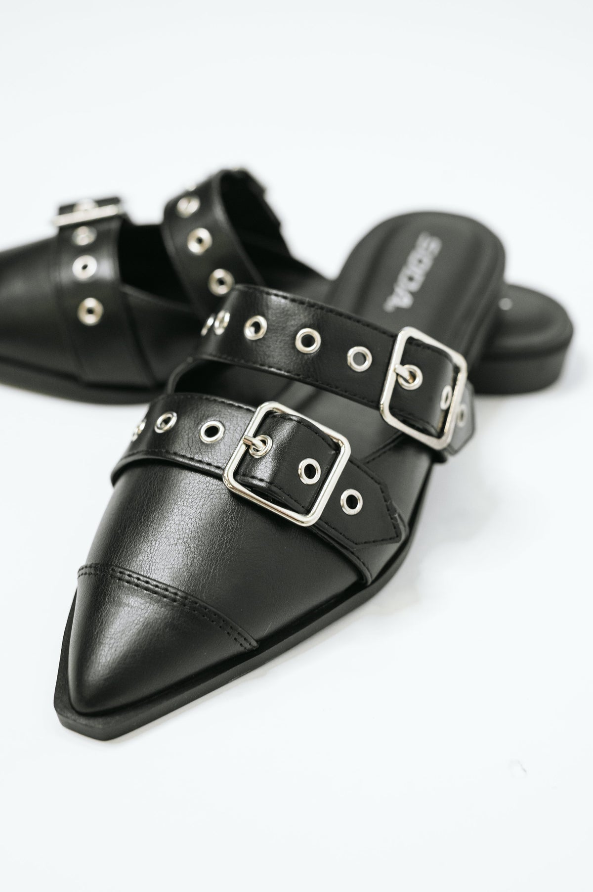Usual Pointy Toe Double Buckle Flat in Black, soft PU leather – alternate view 2