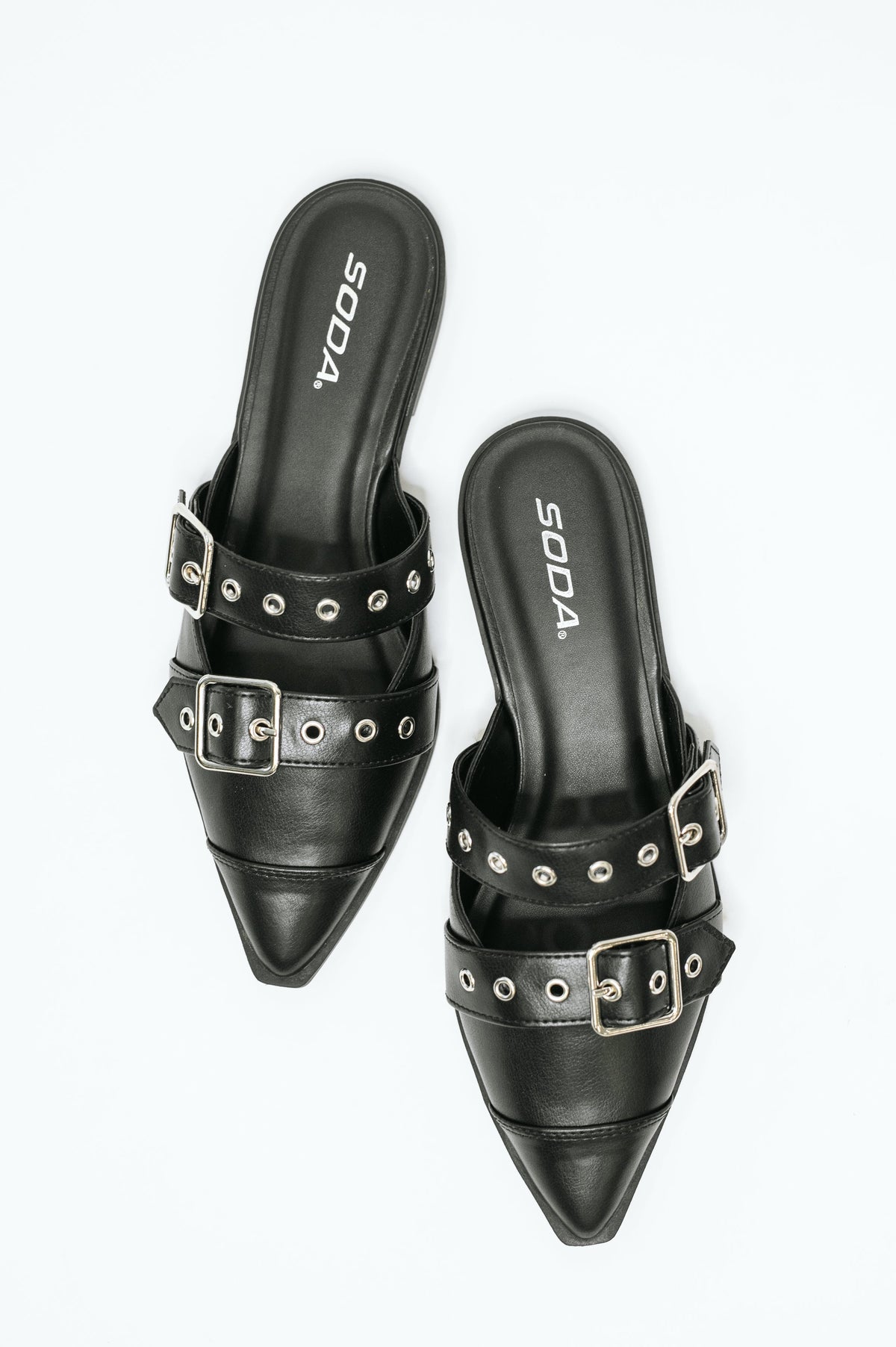 Usual Pointy Toe Double Buckle Flat in Black, soft PU leather – alternate view 3