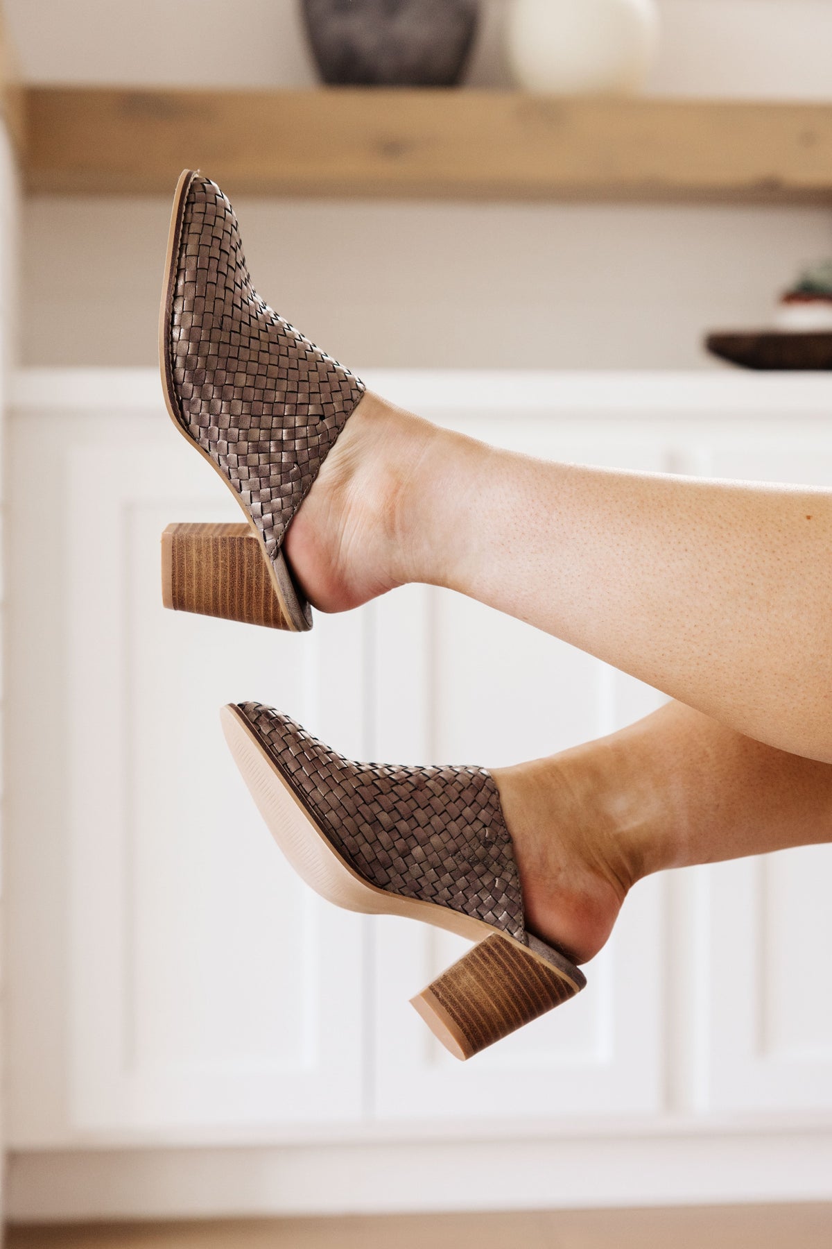Walk With Me Woven Mules in bronze vegan leather