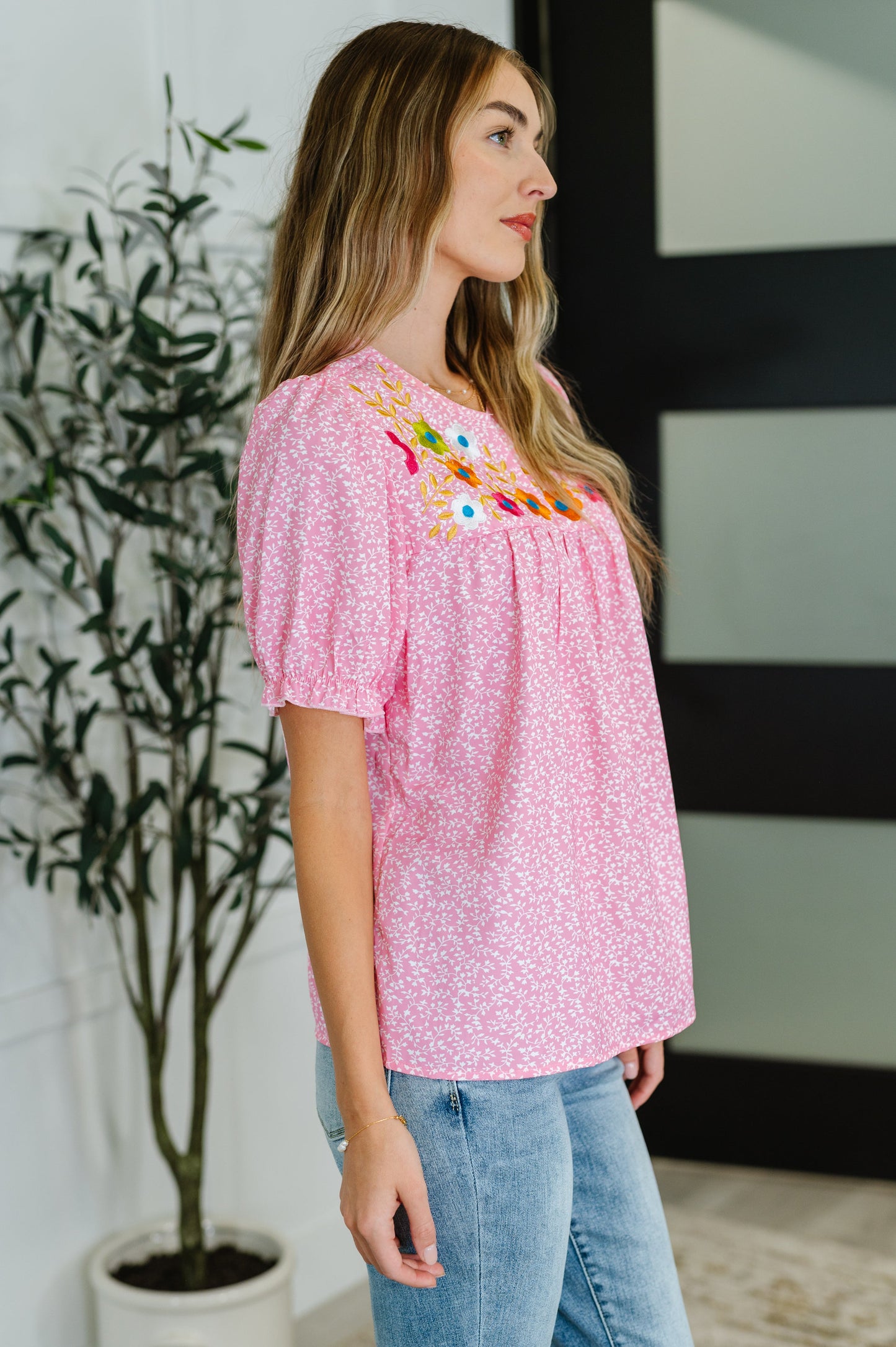 Wander Bloom Embroidered Puff Sleeve Blouse in Pink – alternate view 4