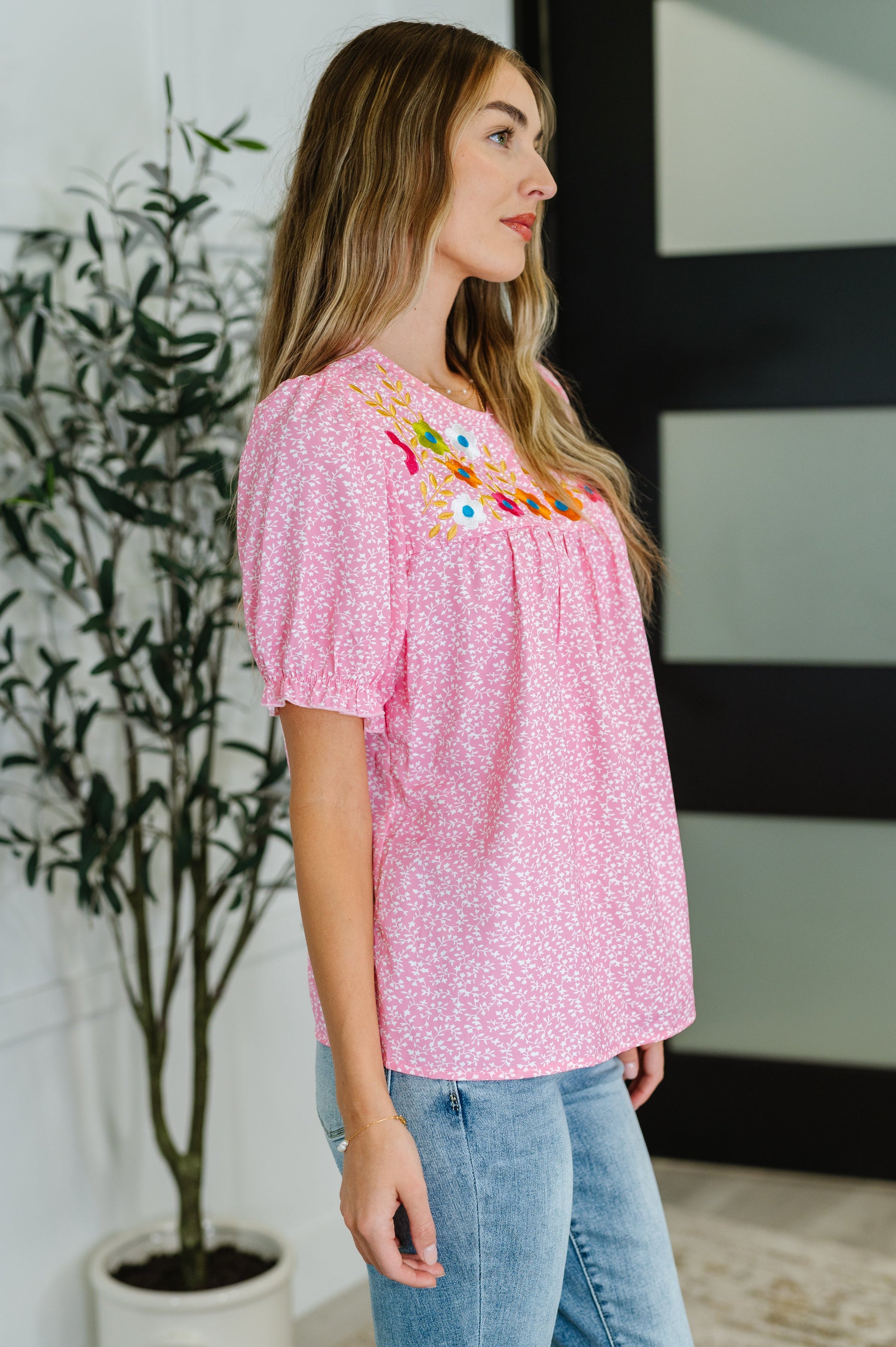 Wander Bloom Embroidered Puff Sleeve Blouse in Pink – alternate view 4
