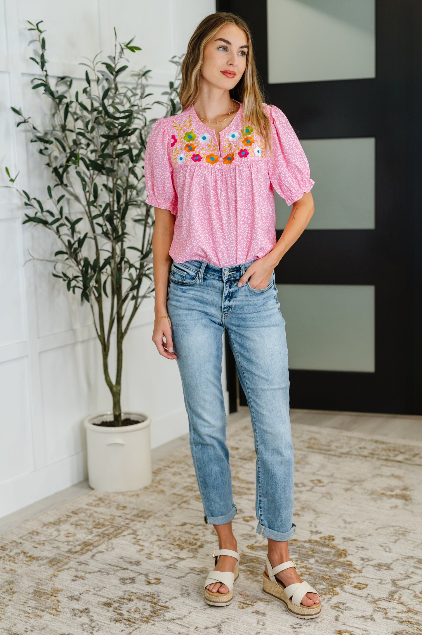 Wander Bloom Embroidered Puff Sleeve Blouse in Pink – alternate view 3
