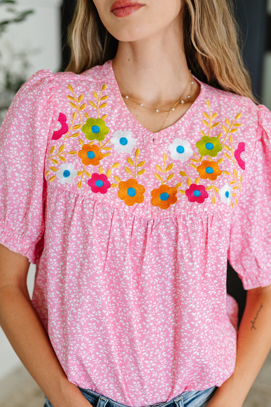 Wander Bloom Embroidered Puff Sleeve Blouse in Pink – alternate view 2
