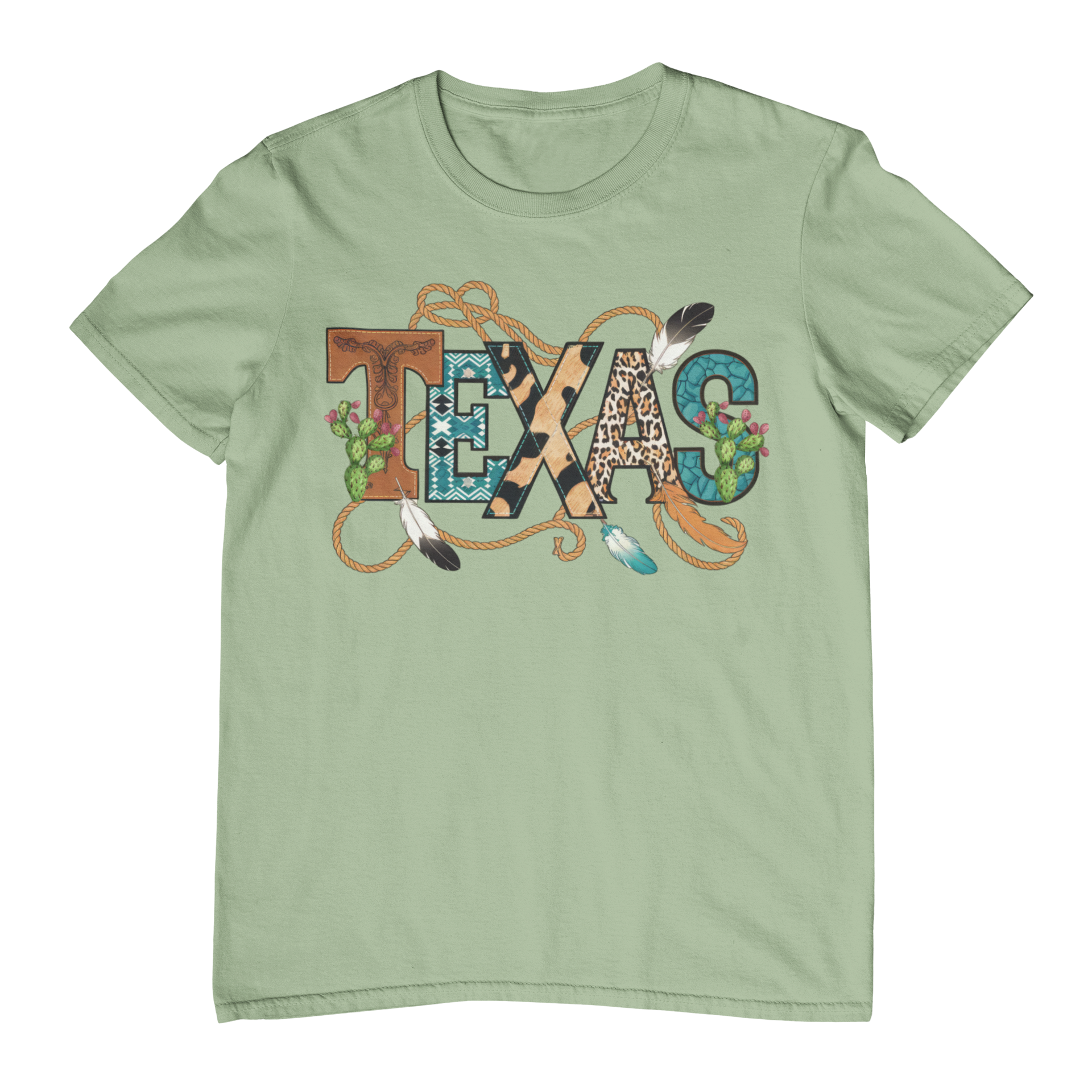Green t-shirt with 'TEXAS' design on a white background