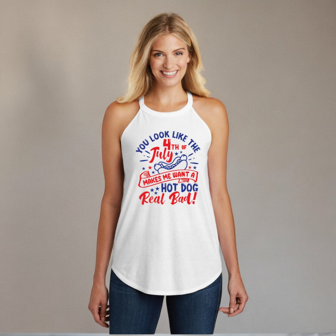 A woman in a white tank top with a festive 4th of July message in red and blue, including an illustration of a hot dog, designed for summer celebrations