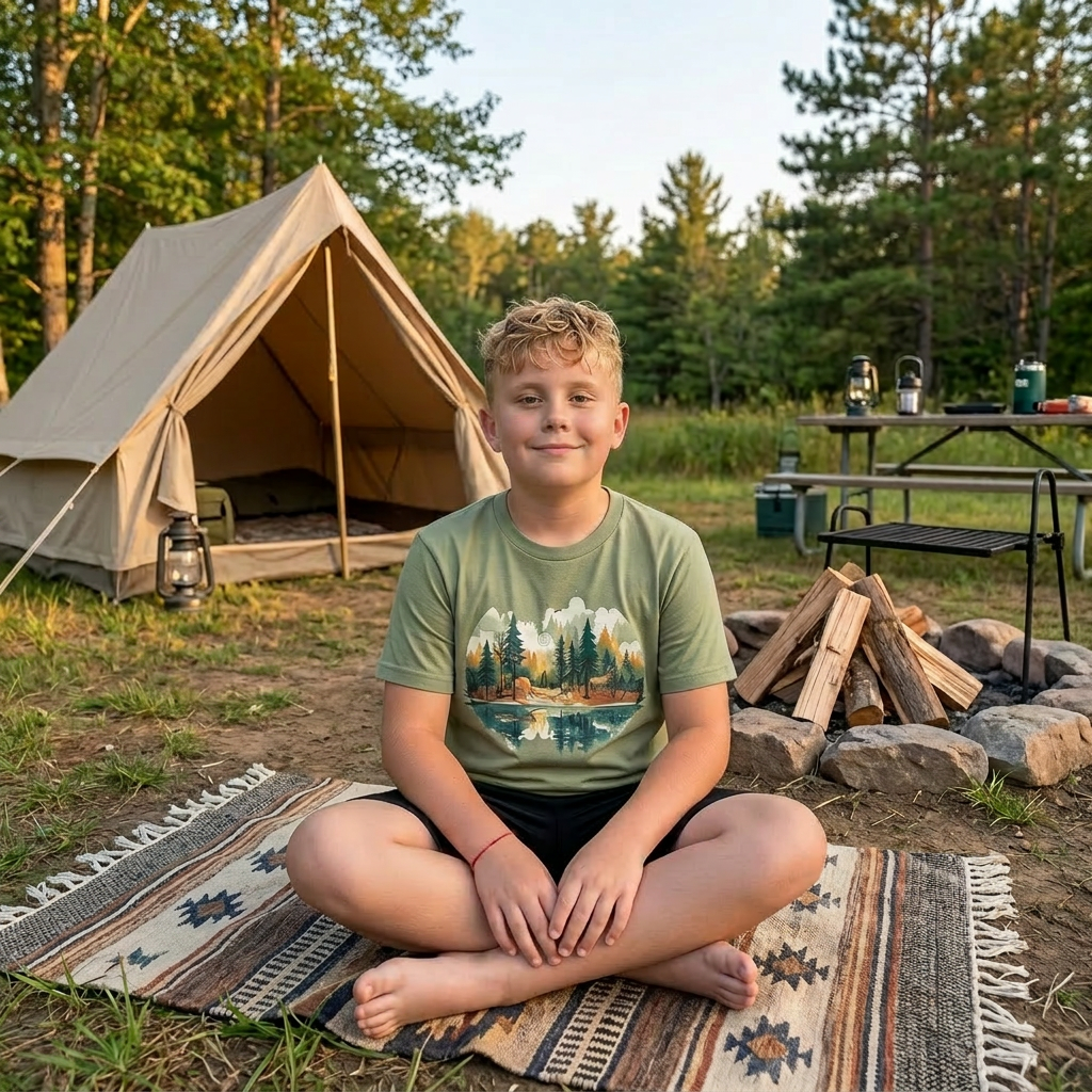 Child sitting on a rug in front of a tent with a forest background