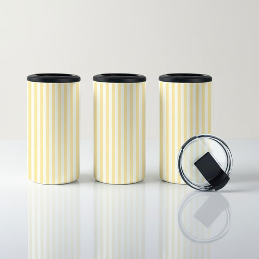 Three striped travel mugs with black lids on a white background