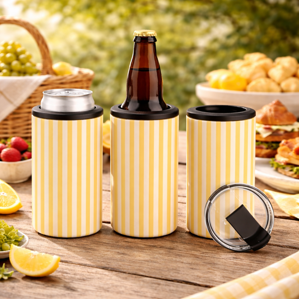 Yellow striped can coolers with a bottle on a picnic table with food and drinks.