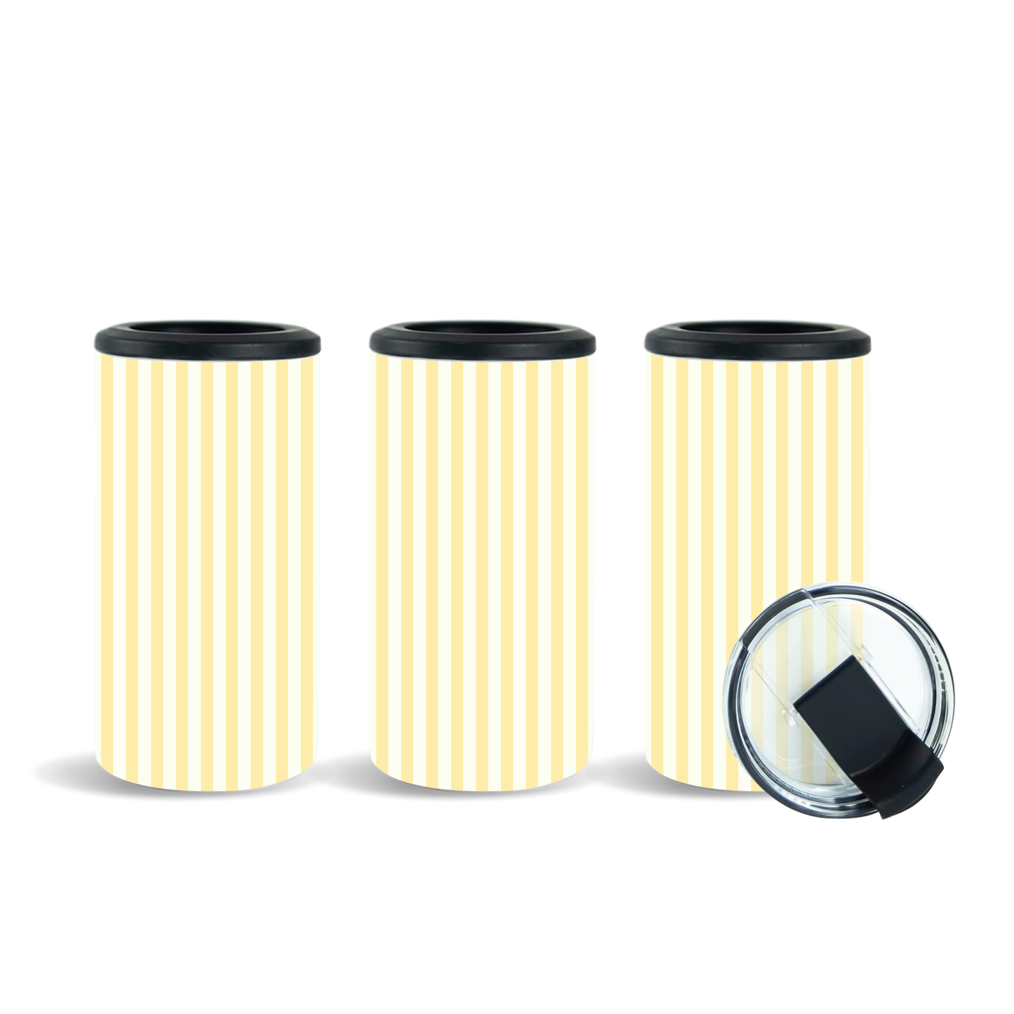 Yellow stripe tumbler with can opener and lid
