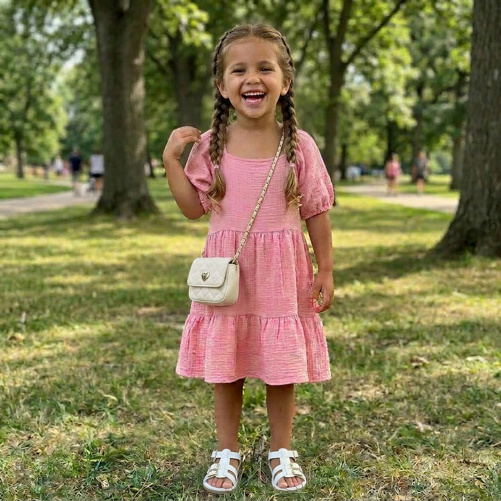 Young girl in a pink dress standing in a park with trees and grass in the background.
