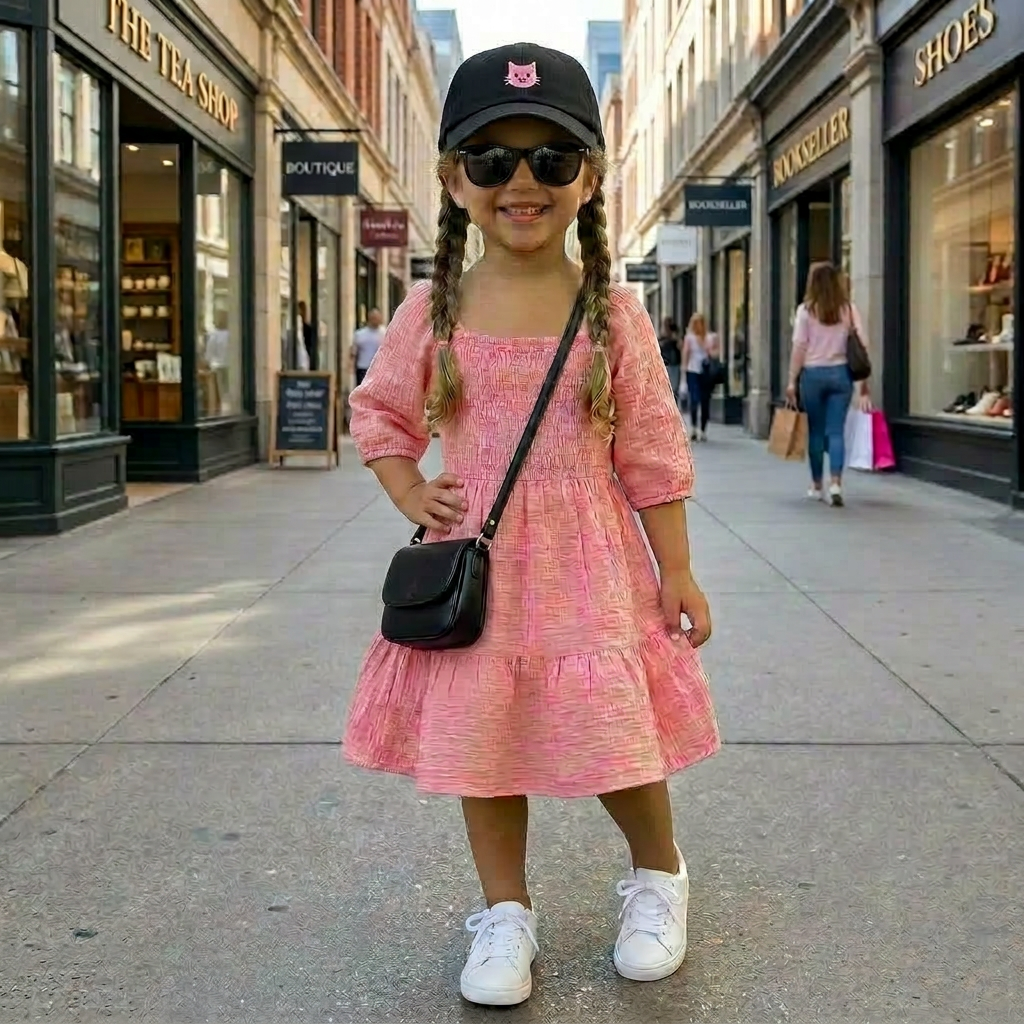 Young girl in a pink dress and black cap standing on a city street.