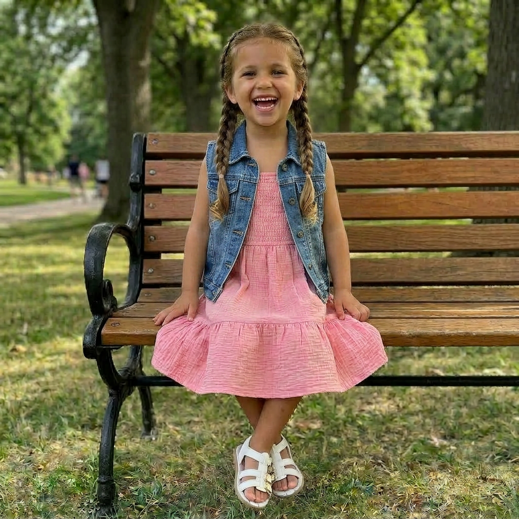 Child in a pink dress and denim vest sitting on a bench in a park