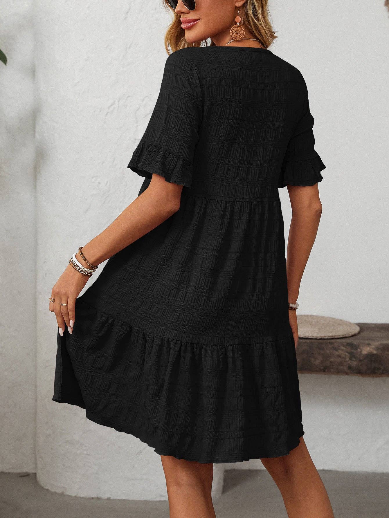 Textured Smocked Short Sleeve Tiered Midi Dress
