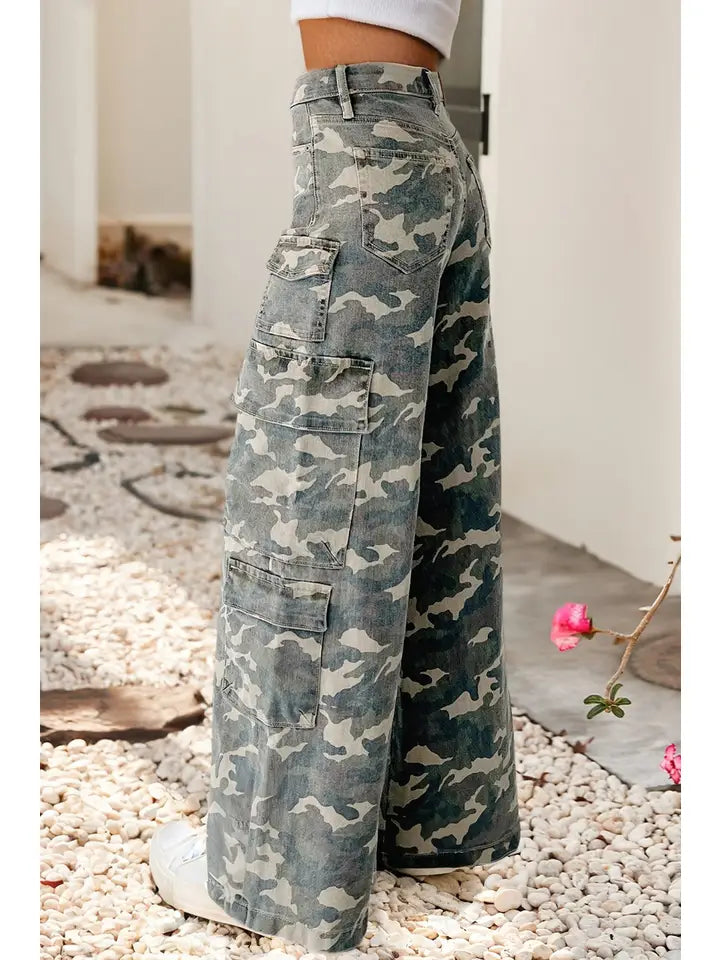 Camo Denim Cargo Wide Leg Pants
