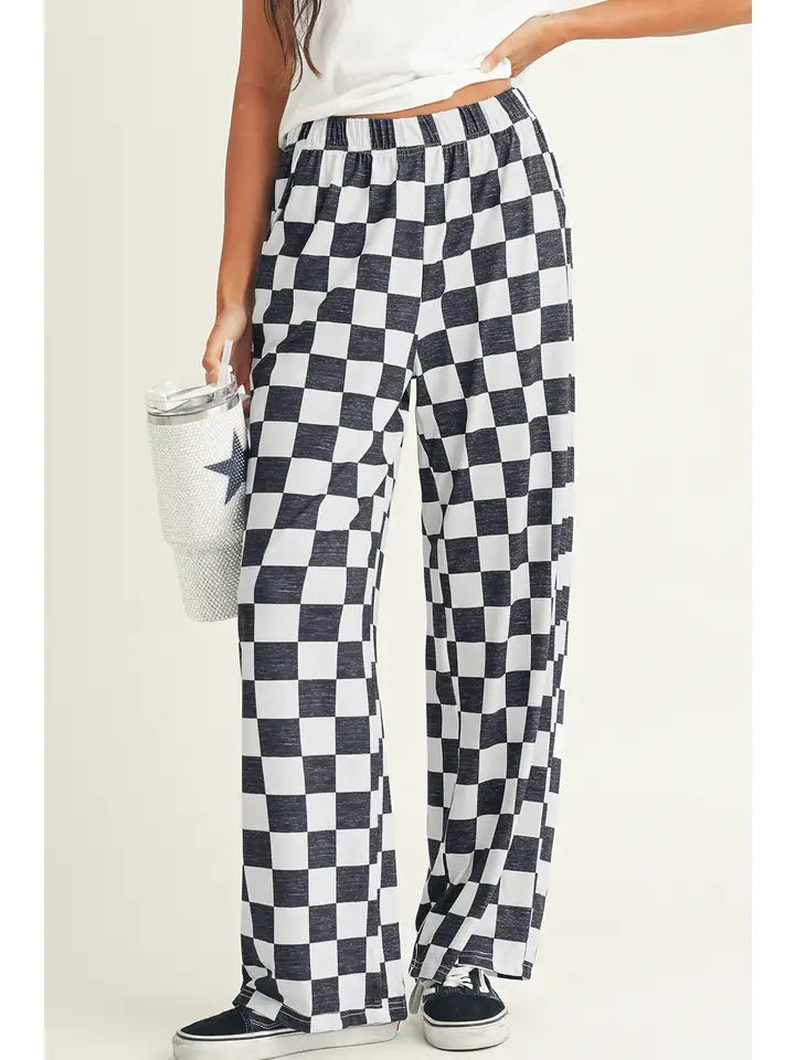 2-Tone Checked Print High Waist Wide Leg Pants