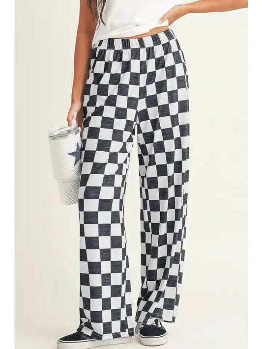 2-Tone Checked Print High Waist Wide Leg Pants