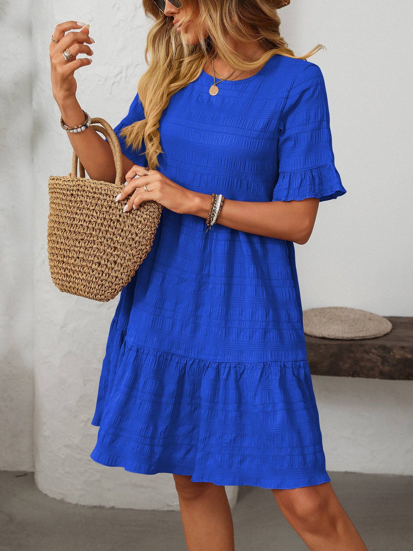 Textured Smocked Short Sleeve Tiered Midi Dress