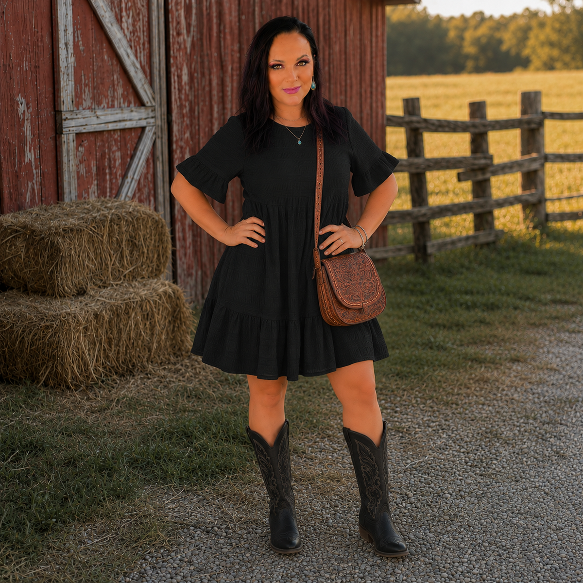 BLack Textured Smocked Short Sleeve Tiered Midi Dress