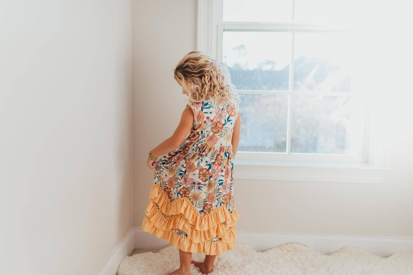 Kids Retro Butter Floral 3 Ruffle Spring Summer Easter Dress