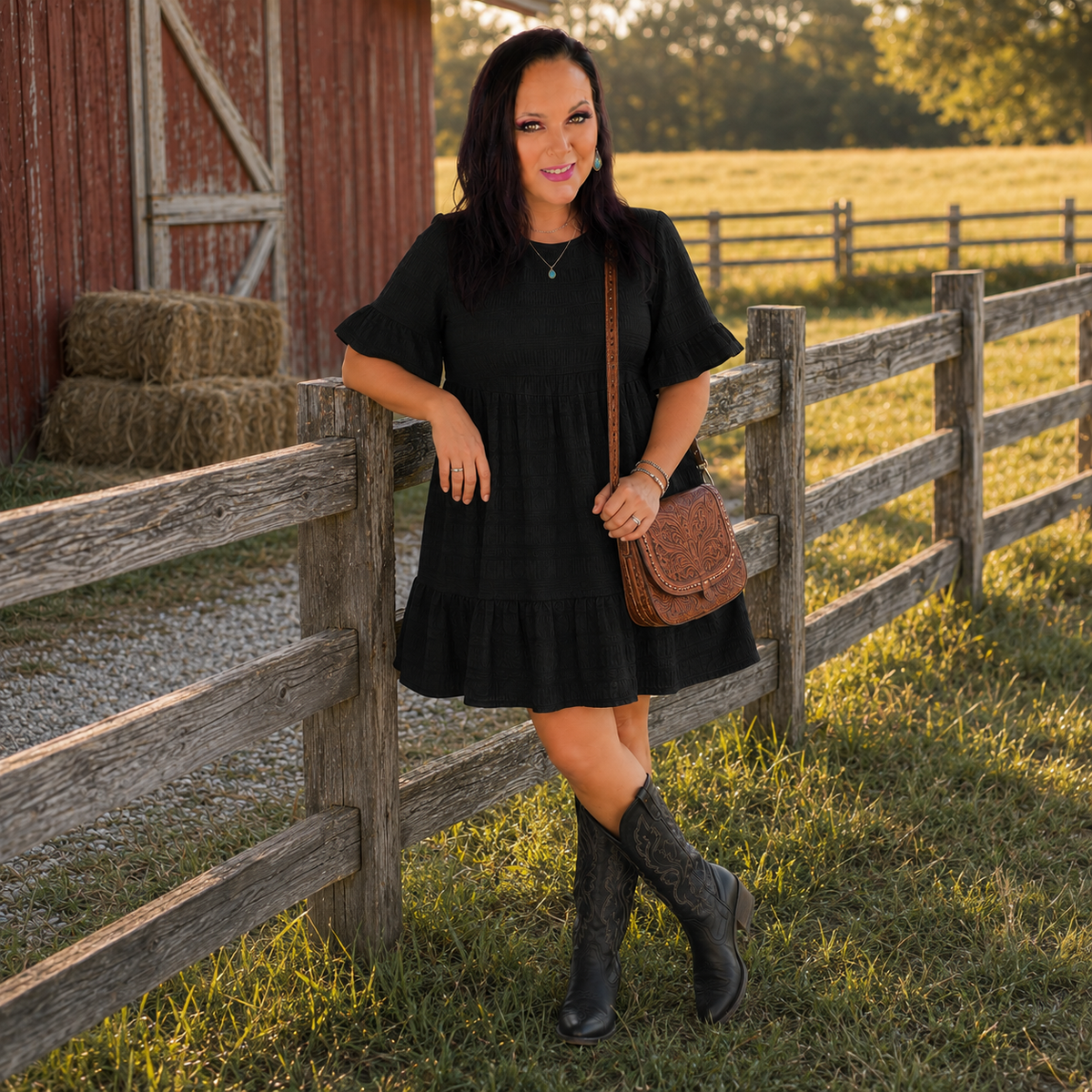 BLack Textured Smocked Short Sleeve Tiered Midi Dress