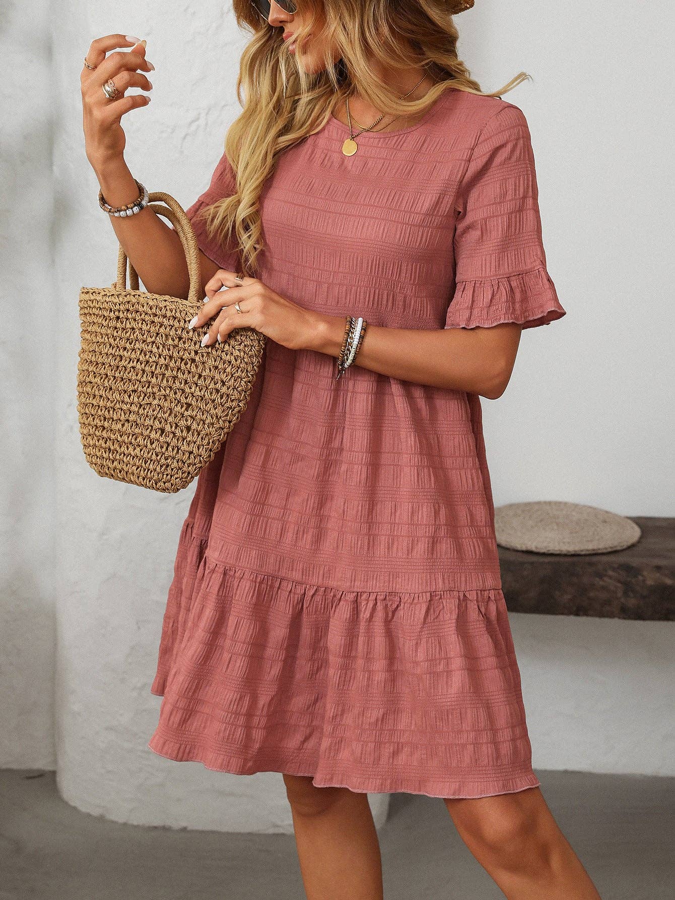 Textured Smocked Short Sleeve Tiered Midi Dress