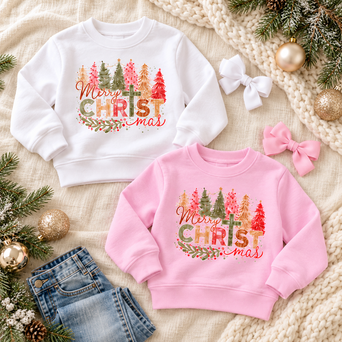 Merry Christmas Cross Christian Boho Pink Trees Holiday