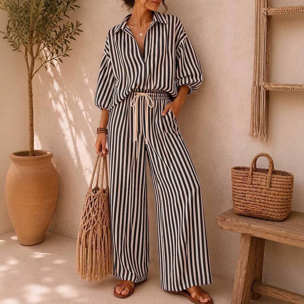 Striped Oversized Shirt Wide Leg Pants Set