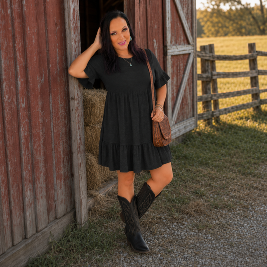 BLack Textured Smocked Short Sleeve Tiered Midi Dress