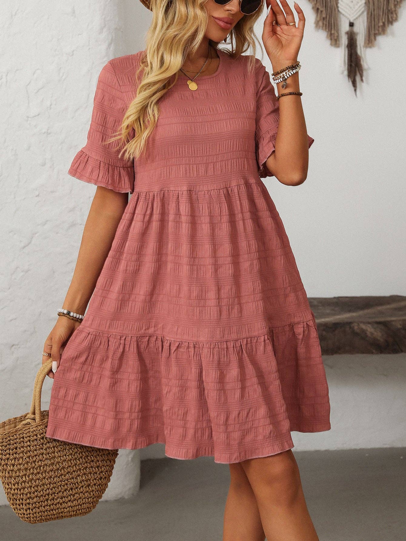 Textured Smocked Short Sleeve Tiered Midi Dress