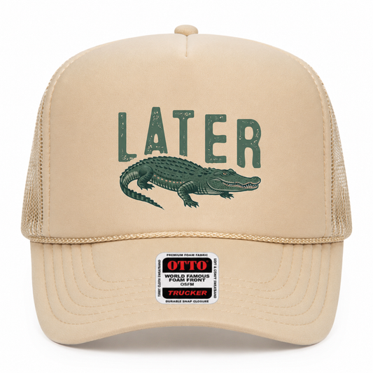 Later Alligator trucker hat with structured foam front panel and mesh back