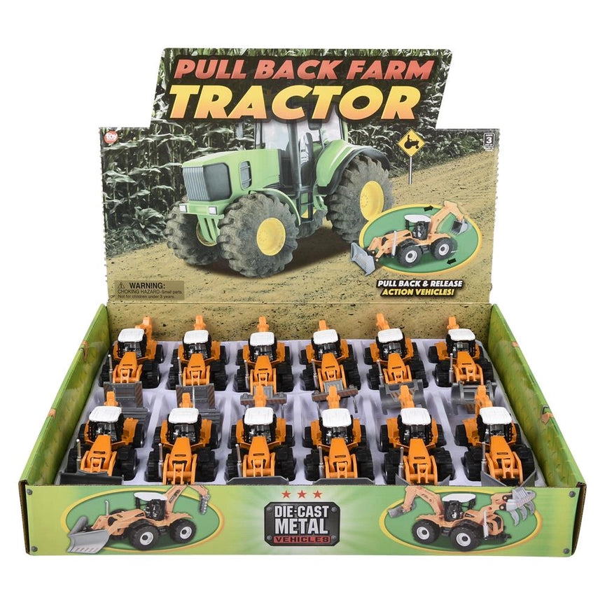7" Diecast Pull Back Farm Tractor Assortment