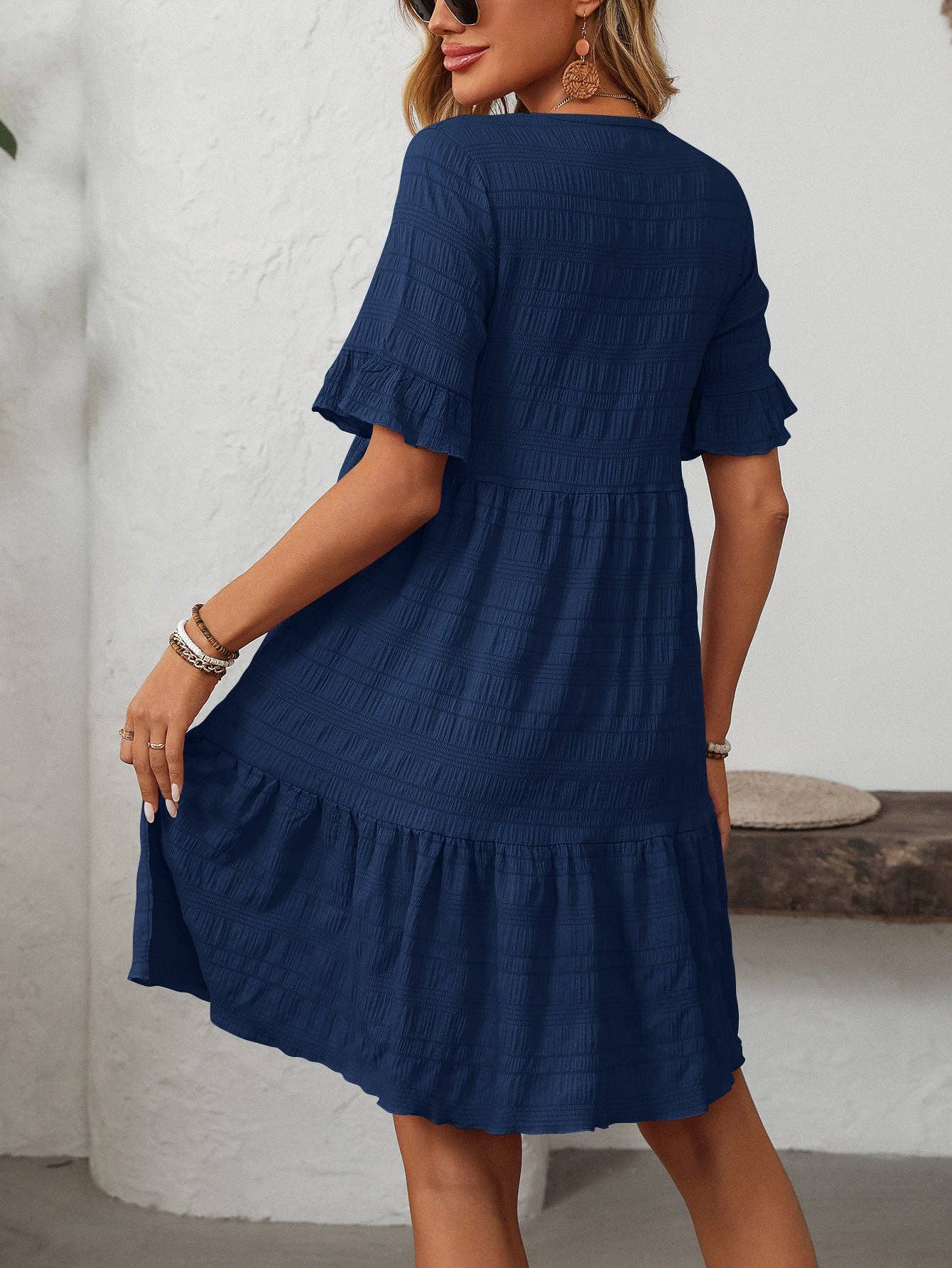 Textured Smocked Short Sleeve Tiered Midi Dress
