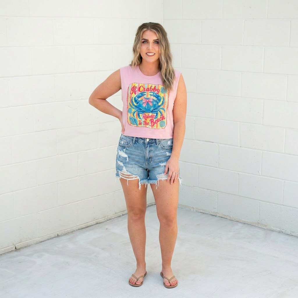 Return To Beach If Crabby Adult Graphic Crop Muscle Tank