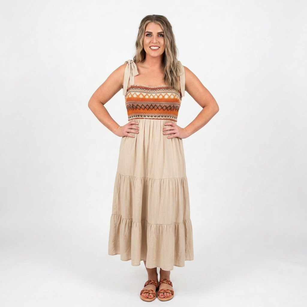 Boho Smocked Bodice Midi Dress with Tie Shoulder Straps