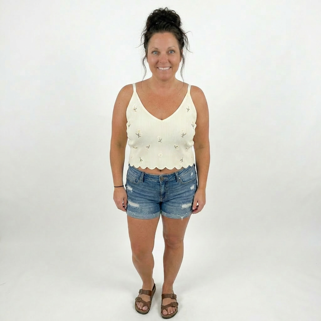 Daisy Embroidered Ribbed Lettuce Edge Brami