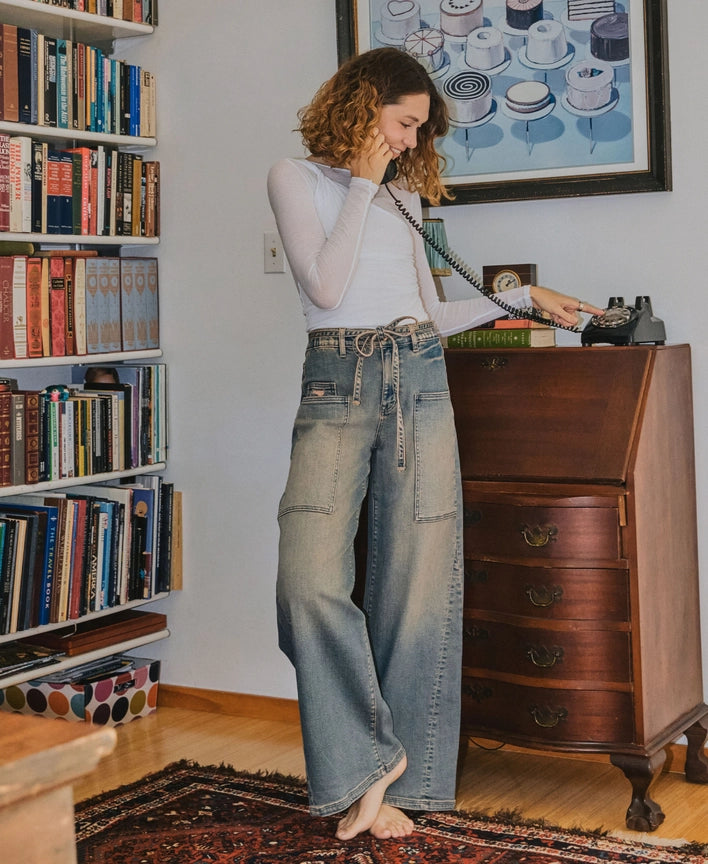 High Rise Elastic Tie Waistband Baggy Wide Jeans