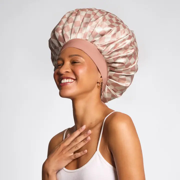 Oversized Satin Bonnet - Terracotta Checker