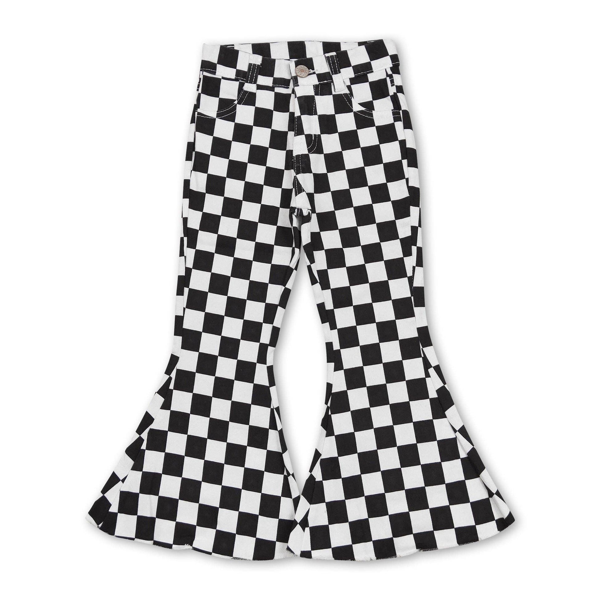 Black plaid denim pants girls bell bottom jeans  Yawoo Garments 6-12M  