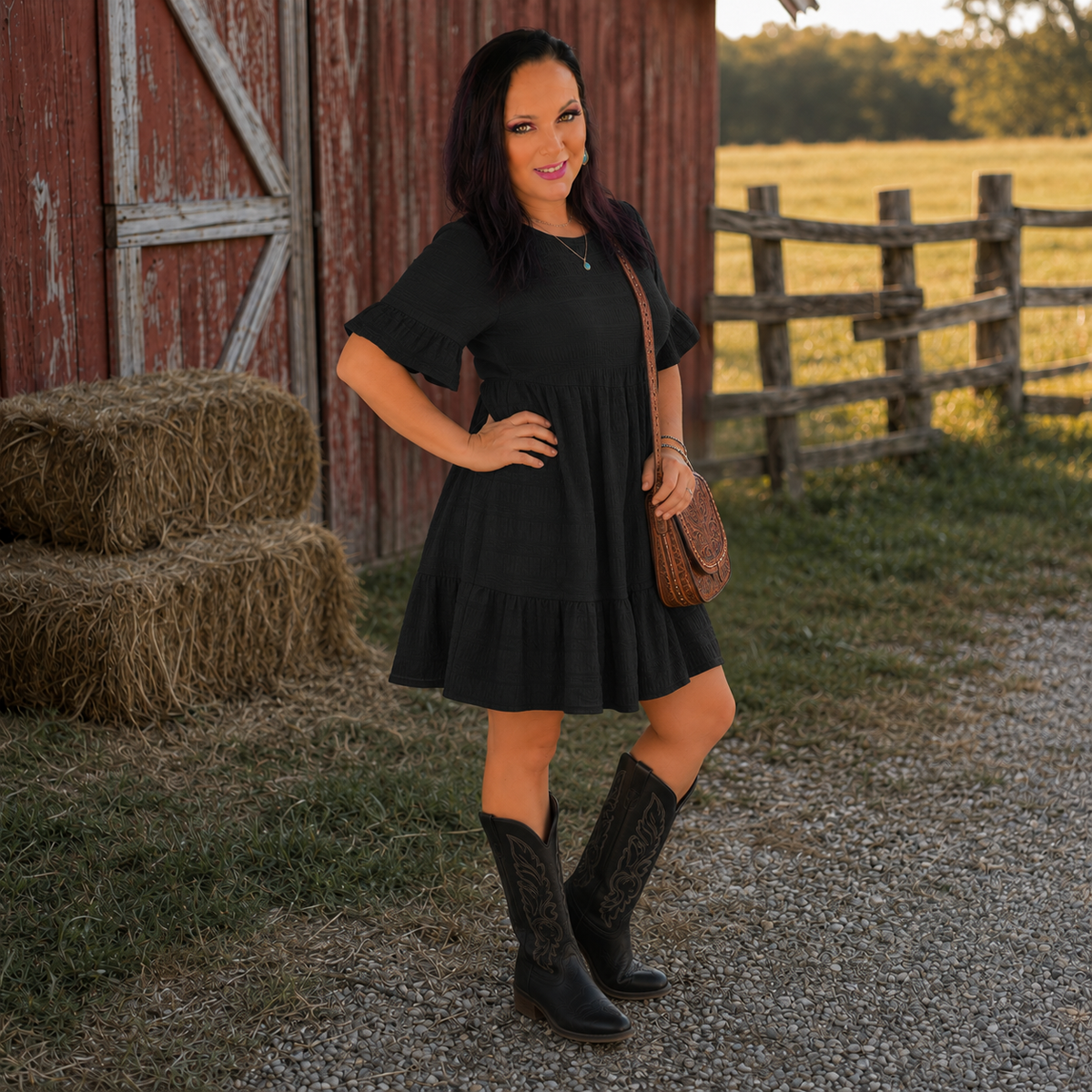 BLack Textured Smocked Short Sleeve Tiered Midi Dress