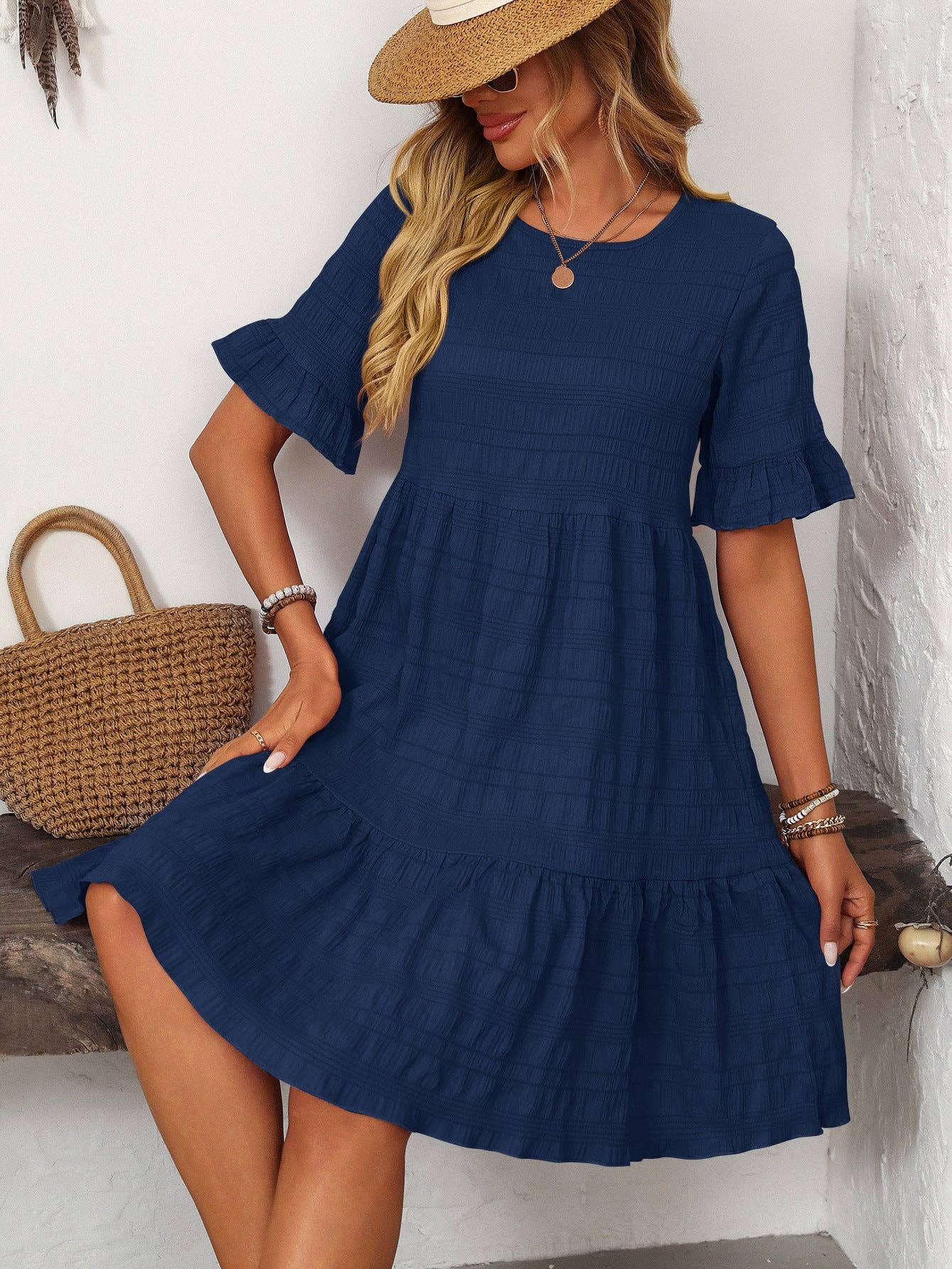 Textured Smocked Short Sleeve Tiered Midi Dress