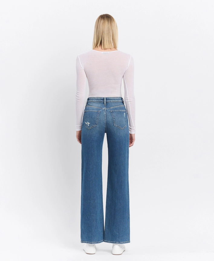Super High Rise Medium Dark Wash Wide Leg Jeans